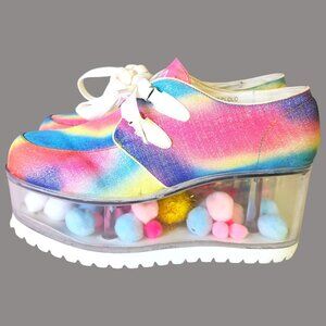 YRU QLOUD Rainbow Glitter Clear Platform Shoes Creepers Kawaii Rave Festival Sz